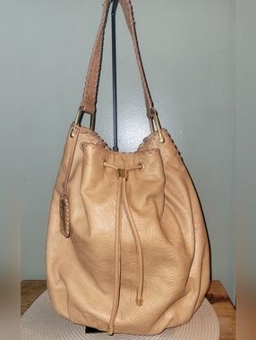 Lauren Ralph Lauren Braided Strap Tan Drawstring Hobo Bag